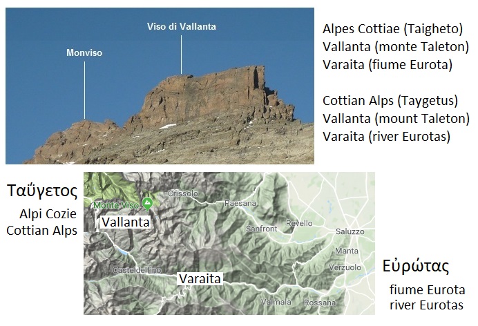 Varaita (fiume Eurota) nasce dal Viso di Vallanta (monte Taleton) nelle Alpi Cozie (Taigheto), the Varaita (river Eurotas) from the Viso of Vallanta (mount Taleton) in the Cottian Alps (Taygetus)