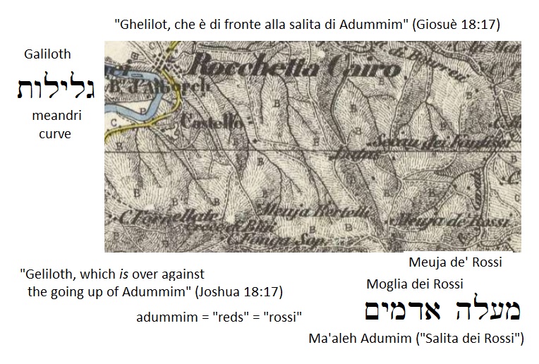 Gilgal Galgal Galgala Ghelilot, Geliloth (i meandri ruote del fiume Bormida) di fronte alla salita di Adumim, ma'ale Adummim (moglia dei Rossi)