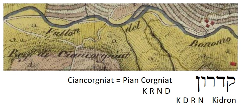 La regione di Ciancorgniat, pian Corgniat (KRND KDRN torrente Kidron Chidron), nella parte centrale della valle del rio del Bonomo