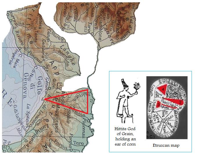La mappa dell'Europa usata come mappa di Liguria ed Emilia Romagna (Hittite God of Grain, holding an ear of corn)