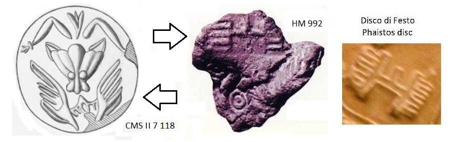 Segno pettine sul disco di Festo (comb sign in the Phaistos Disc), segno sul reperto HM 992 (sign on the HM 992 artefact) e sigillo sul reperto CMS II 7 118 ritrovato a Kato Zakros (and seal on the CMS II 5 118 artefact found in Kato Zakros)