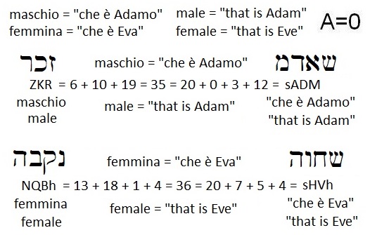 maschio che e' Adamo, femmina che e' Eva (male that is Adam, female that is Eve)