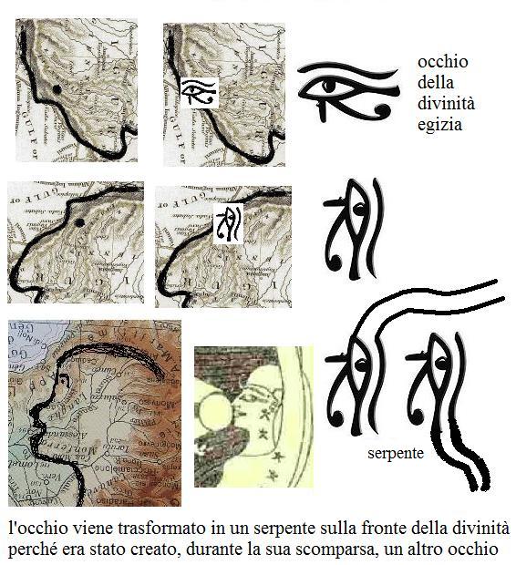 L'occhio della divinita' solare egiziana (prima Horus, poi Ra) viene trasformato nell'ureo (il serpente sulla fronte della divinita')