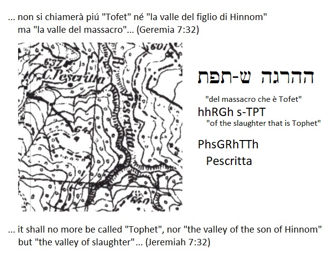 rio Pescritta (Tofet, la valle dei figli di Hinom, la valle del massacro), it shall no more be called Tophet nor the valley of the son of Hinnom but the valley of slaughter